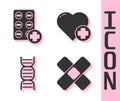 Set Crossed bandage plaster, Pills in blister pack, DNA symbol and Heart with a cross icon. Vector