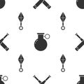 Set Crossed baseball bat, Hand grenade and Japanese ninja shuriken on seamless pattern. Vector Royalty Free Stock Photo