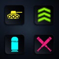 Set Crossed baseball bat, Military tank, Cartridges and Military rank. Black square button. Vector