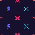 Set Crossed fork and knife, Barbecue grill, hot chili pepper pod and Hot on seamless pattern. Vector Royalty Free Stock Photo
