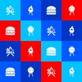 Set Crossed fork and spatula, Barbecue grill, Burger and icon. Vector