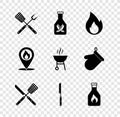 Set Crossed fork and spatula, Ketchup bottle, Fire flame, knife, Barbecue, Location with fire and grill icon. Vector