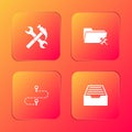 Set Crossed hammer and wrench, Folder service, Route location and Drawer with documents icon. Vector