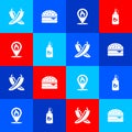 Set Crossed hot chili pepper pod, Burger, Location with fire flame and Ketchup bottle icon. Vector Royalty Free Stock Photo