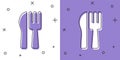 Set Crossed knife and fork icon isolated on white and purple background. Cutlery symbol. Vector Royalty Free Stock Photo