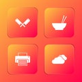 Set Crossed meat chopper, Bowl with chopsticks, Printer and Cloud icon. Vector