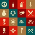 Set Crossed medieval axes, Brass knuckles, baseball bat, Hand grenade, Target sport, Peace and Cannon icon. Vector Royalty Free Stock Photo