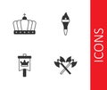 Set Crossed medieval axes, King crown, Medieval flag and Torch flame icon. Vector