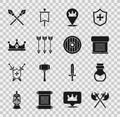 Set Crossed medieval axes, Poison in bottle, Decree, parchment, scroll, Location king crown, arrows, King, spears and