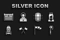 Set Crossed medieval flag, Princess, Medieval axe, throne, Diamond, Antique treasure chest and Monk icon. Vector