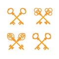 Set of crossed old vintage golden keys. Vector flat illustration. Royalty Free Stock Photo