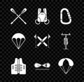Set Crossed paddle, Parachute, Carabiner, Life jacket, Skateboard trick, and Ski and sticks icon. Vector