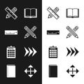 Set Crossed pencil, Ruler, ruler and, Open book, Hotel building, Arrow, Pixel arrows four directions and Book icon