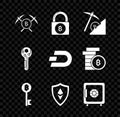 Set Crossed pickaxe, Lock with bitcoin, Cryptocurrency cloud mining, Bitcoin key, Shield Ethereum ETH, Safe, and Dash
