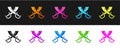 Set Crossed pirate swords icon isolated on black and white background. Sabre sign. Vector