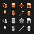 Set Crossed ruler and pencil, ID File document, Computer mouse, Magic wand, Push pin, Globe of the Earth gear, Light Royalty Free Stock Photo
