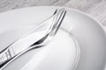 Set Of Crossed Stainless Steel Fork And Knife On A Dinner Plate Royalty Free Stock Photo