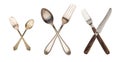 3 set crossed vintage spoon and fork isolated on old vintage background. Rustic style