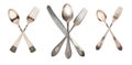 3 set crossed vintage spoon,knife and fork isolated on old vintage background. Rustic style Royalty Free Stock Photo