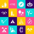 Set Crossed wooden axe, Compass, Slingshot, Thermos container, and Tourist tent with flag icon. Vector