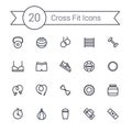 Set of crossfit gym equipment line icons of dumbbells, fitball, protein, stopwatch, punching bag, workout clothes and