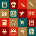 Set Crossword, Card game, Postal stamp, Audio jack, Insects in frame, Book, Calculator and Ray gun icon. Vector Royalty Free Stock Photo