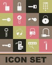 Set Crowbar, Bicycle lock, Lock, Key, Open padlock and Broken key icon. Vector