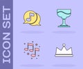 Set Crown, Musical note in speech bubble, note, tone and Cocktail icon. Vector Royalty Free Stock Photo