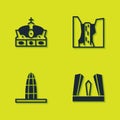 Set Crown of spain, Gate Europe, Agbar tower and Algar waterfall icon. Vector