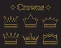 Set of crowns in doodle style. Gold glitter texture. Golden gloss effect. Sparkling diadems, tiaras