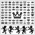 Set of crowns and lion rampant. Heraldry elements design collection. Royalty Free Stock Photo
