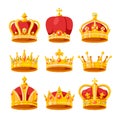 Set of Crowns, Royal Medieval Heraldic Vintage Heraldry Headwear for King or Queen Isolated on White Background Royalty Free Stock Photo