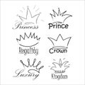 Set of crowns with text in doodle style isolated on white background. Collection stylish prints, black line Royalty Free Stock Photo