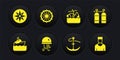 Set Cruise ship, Aqualung, Jellyfish, Anchor, Sinking cruise, Ship steering wheel, Sailor captain and Wind rose icon