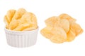 Set of crunchy golden potato chips as heap and in ceramics bowl isolated on white background.