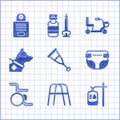 Set Crutch or crutches, Walker, IV bag, Adult diaper, Wheelchair, Guide dog, Electric wheelchair and Intercom icon