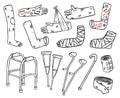 Set of crutches for disabled people with broken legs, arms and hands cast doodles. Collection of injured limbs in gypsum plasters