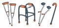 Set of crutches for disabled people doodles. Collection of walking support vector graphic symbols