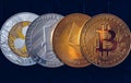 Set of cryptocurrencies with Bitcoin, Etherium, Ripple, Litecoin. Cryptocurrencys new digital money. Bitcoin on the front as the
