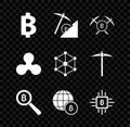 Set Cryptocurrency coin Bitcoin, cloud mining, Crossed pickaxe, Magnifying glass with, Globe and cryptocurrency, CPU
