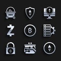 Set Cryptocurrency coin Bitcoin, wallet, Ethereum ETH, Server and gear, Lock with bitcoin, Zcash ZEC, Monitor and