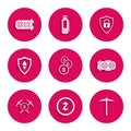 Set Cryptocurrency coin Bitcoin, Zcash ZEC, Pickaxe, Mining farm, Crossed pickaxe, Shield Ethereum ETH, security with