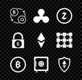 Set Cryptocurrency exchange, coin Ripple XRP, Zcash ZEC, Bitcoin, Safe, Shield Ethereum ETH, Lock with bitcoin and icon