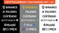 Set of cryptocurrency exchanges logo, digital stock market symbols icons isolated in monochrome and color. Set 01.