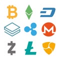 Set of cryptocurrency icons. Simple design in different color. Vector Royalty Free Stock Photo