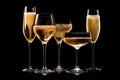 Set of crystal-clear flute glass of champagne isolated on black background Royalty Free Stock Photo