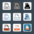 Set of csv file format icons for various document types, extensions, file types and spreadsheets