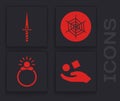 Set Cube levitating above hand, Dagger, Spider web and Magic stone ring with gem icon. Vector