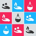 Set Cube levitating above hand, Hand holding a fire and Bottle with love potion icon. Vector