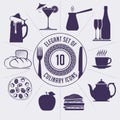 Set of 10 culinary icons - coffee turk, wine bottle, cup, teapot